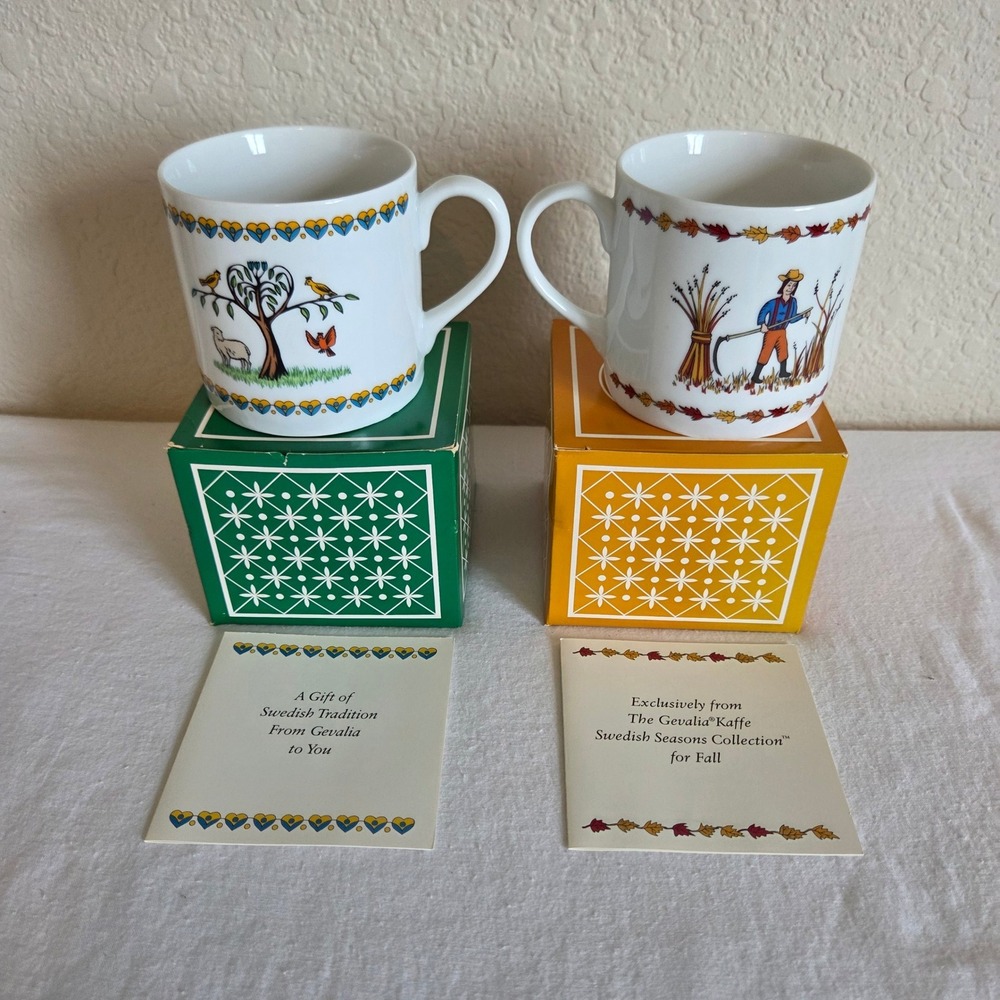 Gevalia Kaffe Swedish Seasons Collection Coffee Mug Set of 2 Folk Art Ceramic